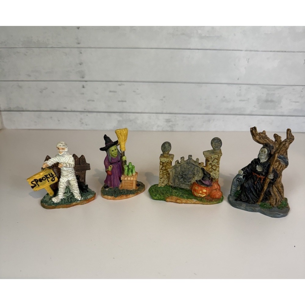Halloween Miniature Figurines Lot of 4 Witch Mummy Graveyard Reaper